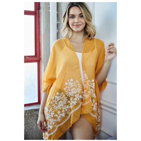 SOLD OUT Mustard Floral Embroidered Sheer Kimono Wrap Top - Picture 5 of 5